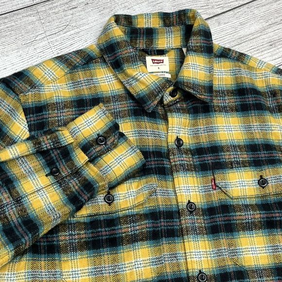 Levi's Other - Levis‎ Mens Jackson Worker Yellow Blue Flannel Check Relaxed Fit Shirt Sz S